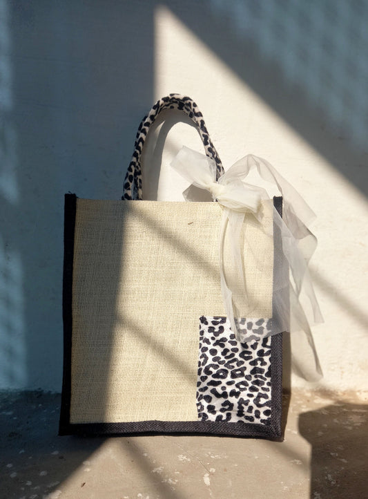 Handmakers Leopard Print Jute Gift Bag with Bow