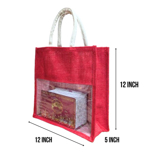 Handmakers Red Transparent Jute Bag 12x12x5 Inch Pack of 50