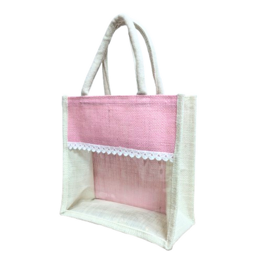 Handmakers Pink Transparent Jute bag 10x10x5 Inch Pack of 50