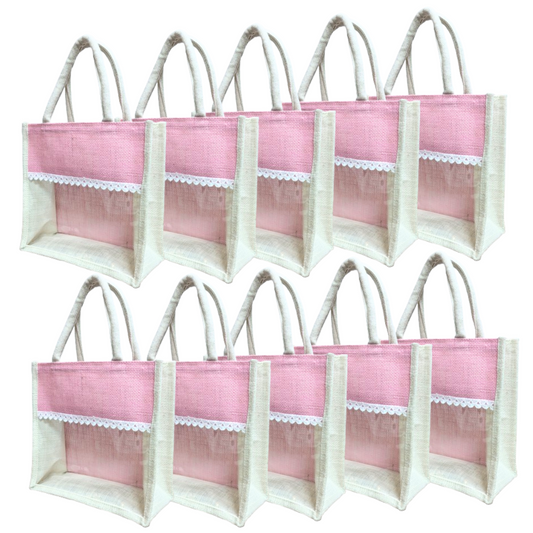 Handmakers Pink Transparent Jute bag 10x10x5 Inch Pack of 50