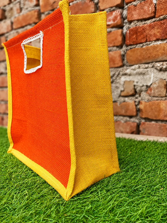 Handmakers Orange & Yellow Jute Return Gift Bag | Eco-Friendly Grocery, Vegetable, Storage Tote with Handle for Gifting, Shopping & Daily Use