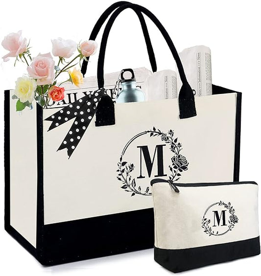 Initial Canvas/Jute Tote Bag Personalized Bag for Wedding, Birthday, Beach, Gift for Women, Mom, Teacher,Friend