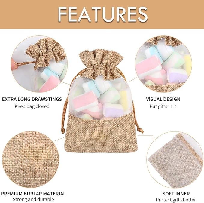 12 Pack Burlap Drawstring Gift Bags with Organza Window - Perfect for Wedding, Baby Shower, and Party Favors (5x7 Inches)