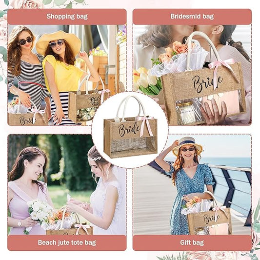 Pack of 20 Bride & Bride Tribe Jute Tote Bags by Handmakers | Wedding Welcome Gift Bags with Handle & Ribbon for Bridal Showers & Bachelorette Parties