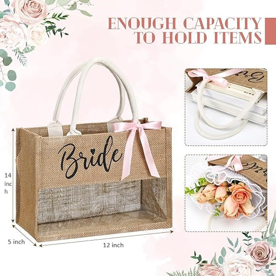 Pack of 20 Bride & Bride Tribe Jute Tote Bags by Handmakers | Wedding Welcome Gift Bags with Handle & Ribbon for Bridal Showers & Bachelorette Parties