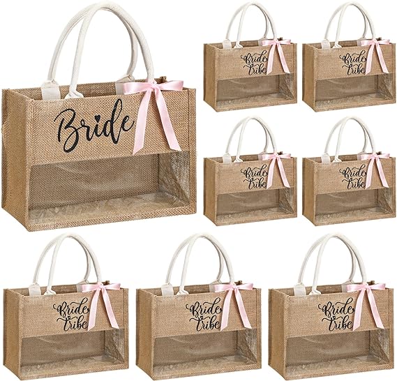 Wedding Bride Bag Natural Jute Bride Tote Bag with Ribbon Bride Gift Bag with Handle for Bridal Shower