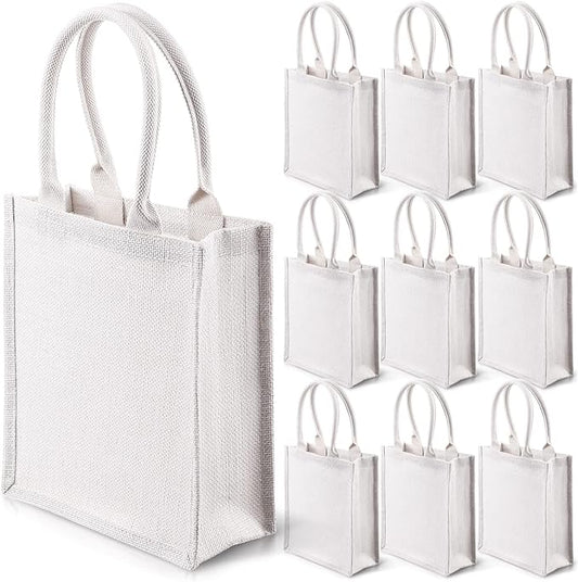 White Burlap Jute Reusable Canvas Gift Favors Bag with Handles Blank Tote Bulk for Bridesmaid Wedding, Women Market Grocery Shopping, Bachelorette Party, Beach Trip