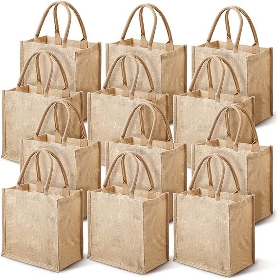 Bags, 6 Pack Large Burlap Reusable Jute Canvas Gift Favors Bag with handles Blank Tote Bulk for Bridesmaid Wedding, Women Market Grocery Shopping, Bachelorette Party, Beach Trip, DIY