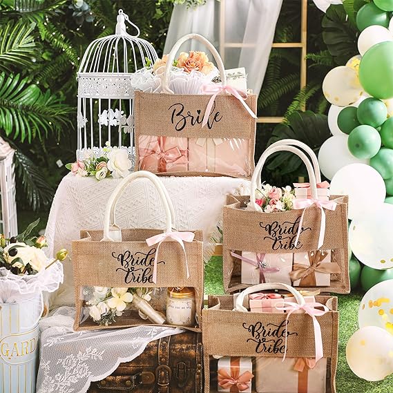 Pack of 20 Bride & Bride Tribe Jute Tote Bags by Handmakers | Wedding Welcome Gift Bags with Handle & Ribbon for Bridal Showers & Bachelorette Parties