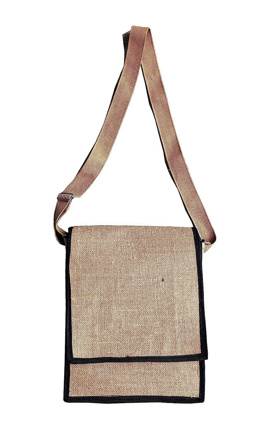 Jute side  Bag Adjustable Multipurpose Sling Bag for Men & Women Multi-Compartment Bag with Wooden Button Loop Closure