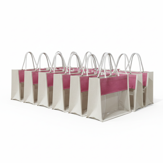 Handmakers Transparent Pink & White Jute Bags 12x10x5 Inch