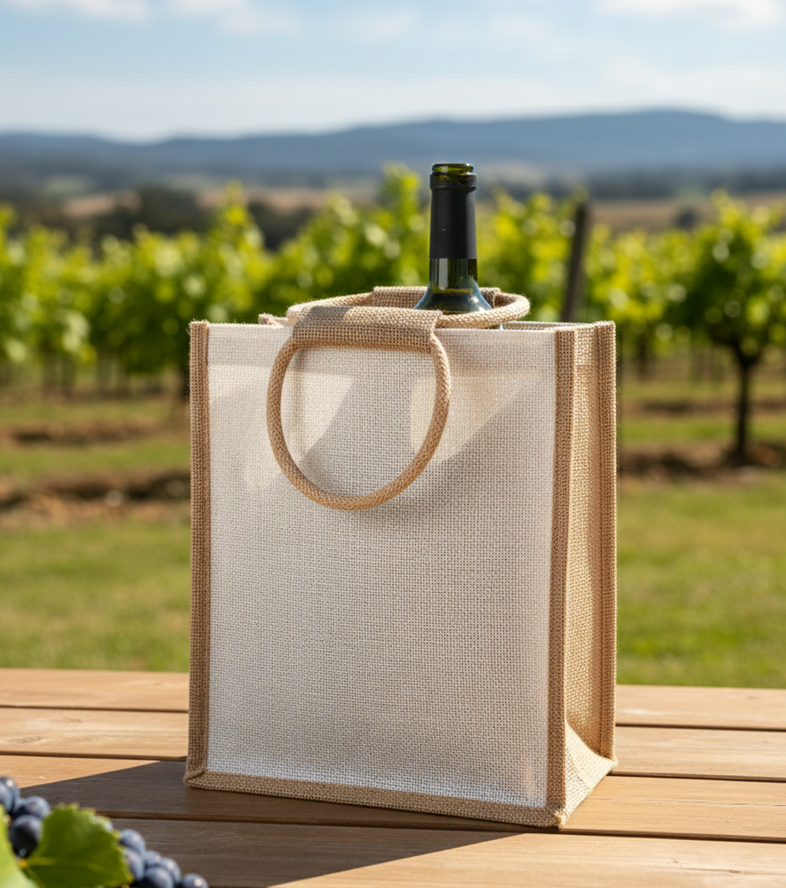Handmakers 6-Bottle Jute Wine Bag Pack of 2 – White Reusable Wine Carrier with Divider for Gifting & Travel