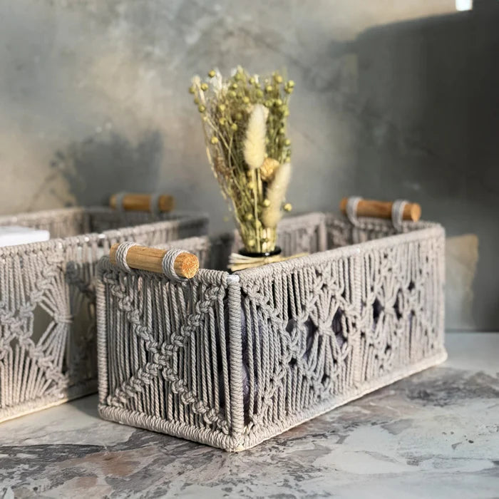 Handmakers Macramé Rectangular Storage Boxes with Handles – Set of 2 Grey | Handmade Cotton Rope Organizer Baskets for Shelves, Bedroom, Living Room, Nursery & Home Décor