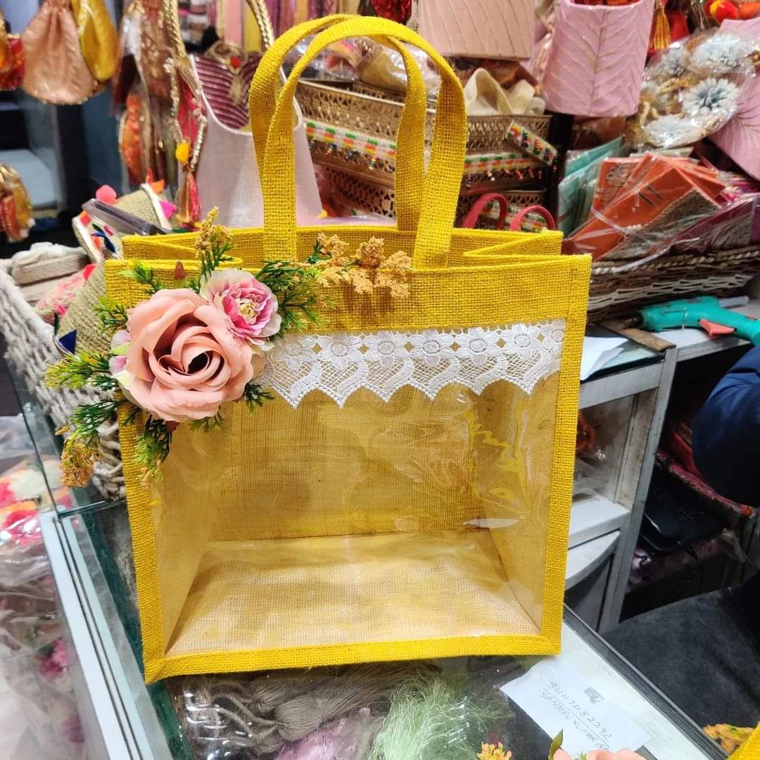 Handmakers Natural Yellow Transparent Jute Return Gift Bags (12x10x5 inch) Pack of 50