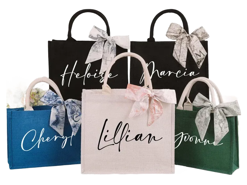 Personalized Bridesmaid Jute Tote with Name Scarf – Custom Beach Bag for Wedding & Bachelorette Gifts Pack of 50