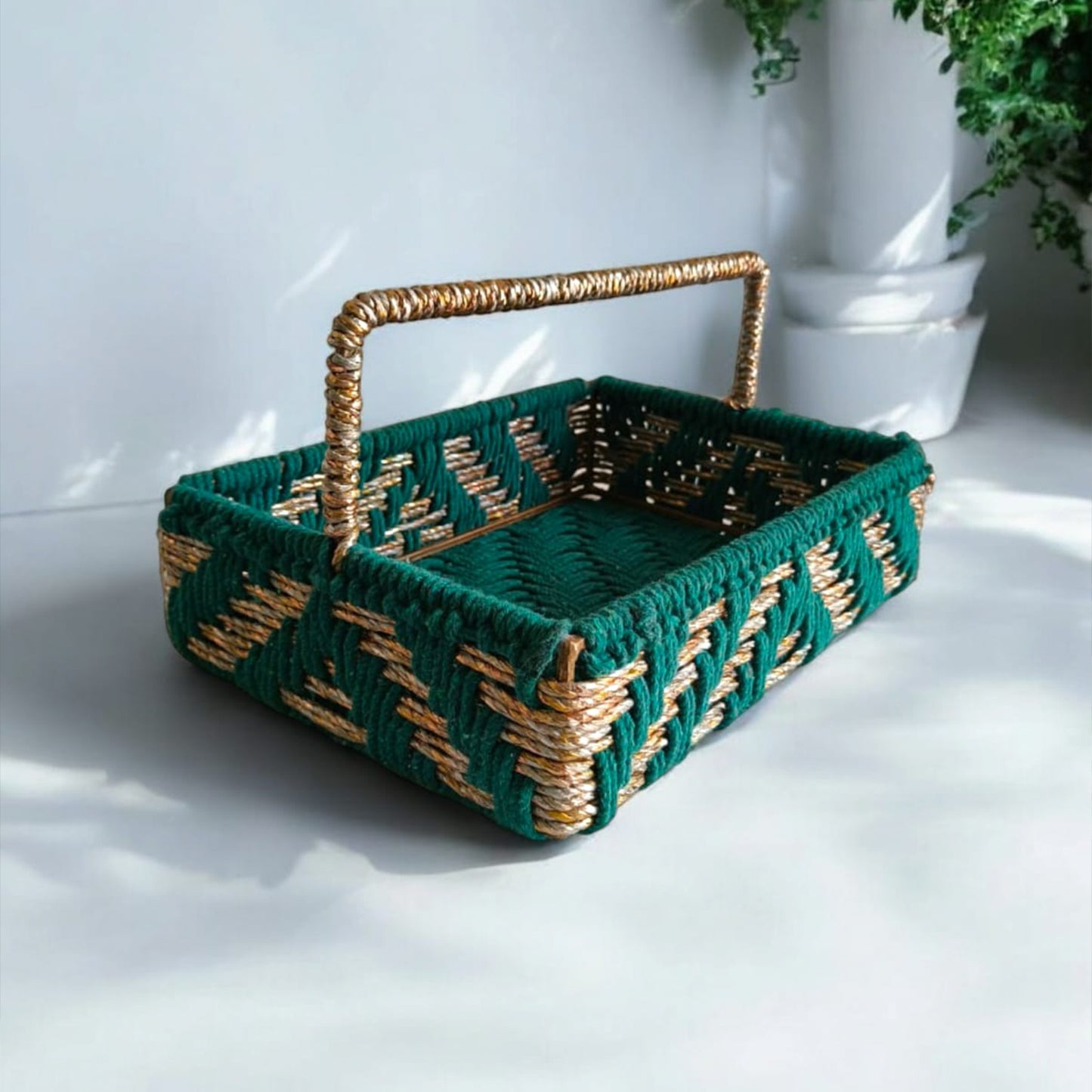 Handmakers Rectangular Emerald & Gold Rope Gift Hamper Basket | Handcrafted Premium Decorative Basket for Festive Gifting, Wedding Hampers, Corporate Gifts & Home Décor
