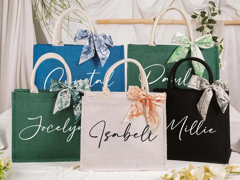 Personalized Bridesmaid Jute Tote with Name Scarf – Custom Beach Bag for Wedding & Bachelorette Gifts Pack of 50