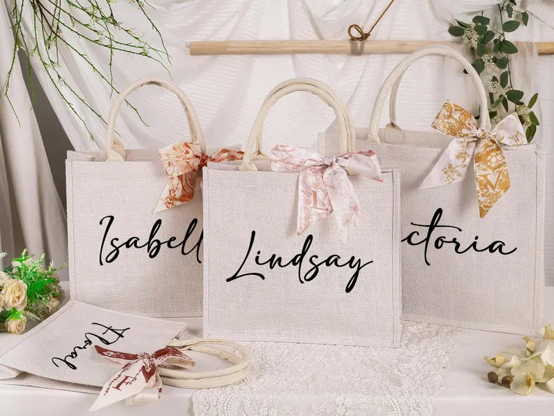 Personalized Bridesmaid Jute Tote with Name Scarf – Custom Beach Bag for Wedding & Bachelorette Gifts Pack of 50