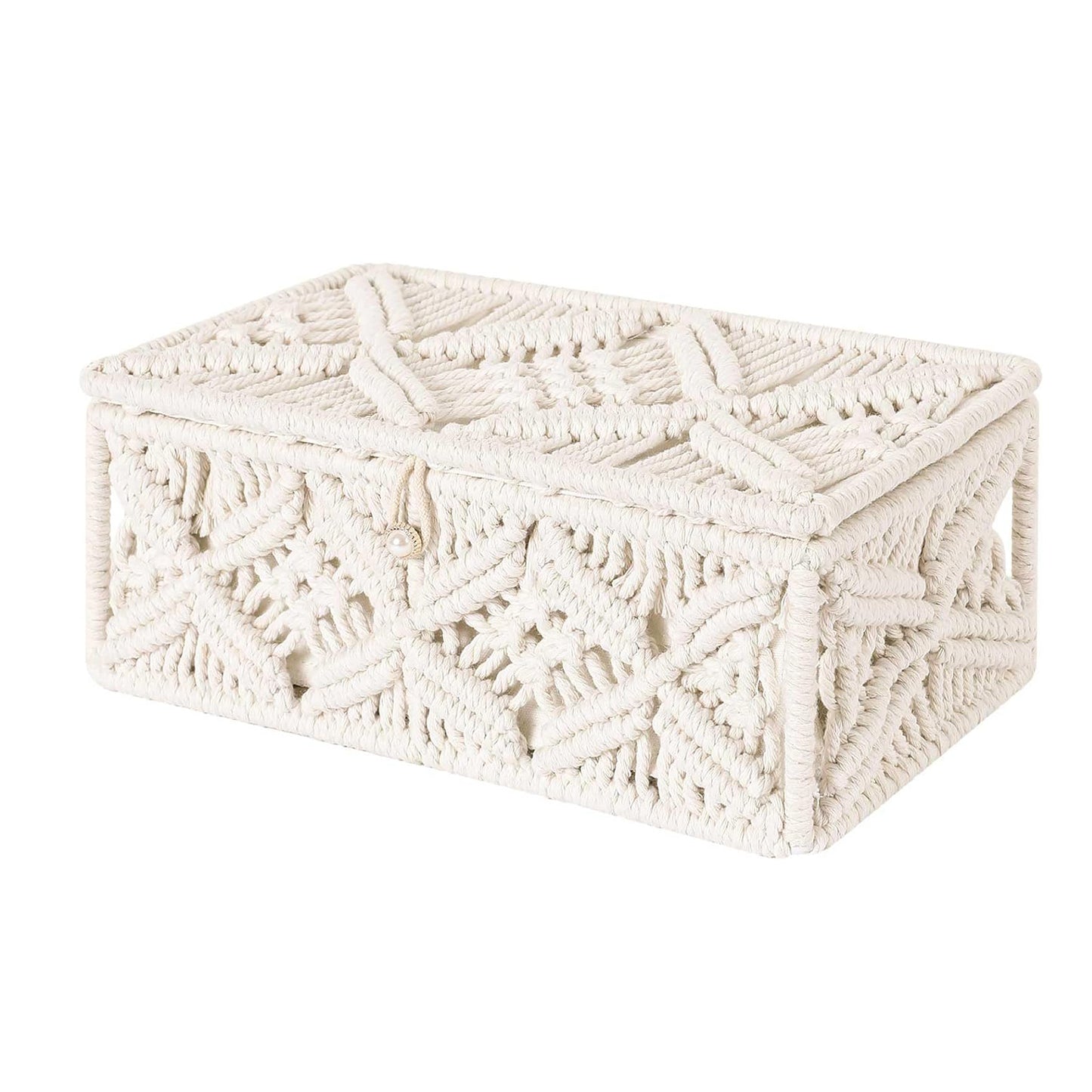 Handmakers Rectangle Storage Box with Lid – Off White | Handmade Cotton Rope Organizer Basket with Cover | Decorative Storage Bin for Bedroom, Living Room, Closet & Home Décor