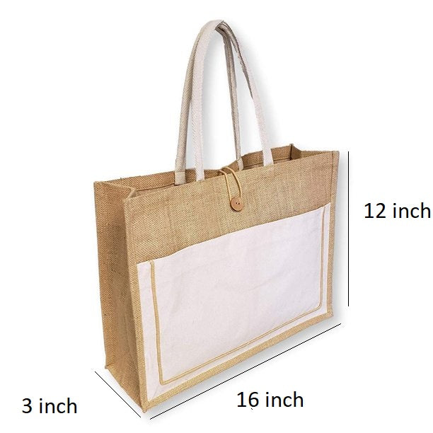 Handmakers Jute Bag with Canvas Pocket & Wooden Button | Reusable Burlap Tote for Grocery, Gifts & Beach | Eco-Friendly Shopping Bag for Women