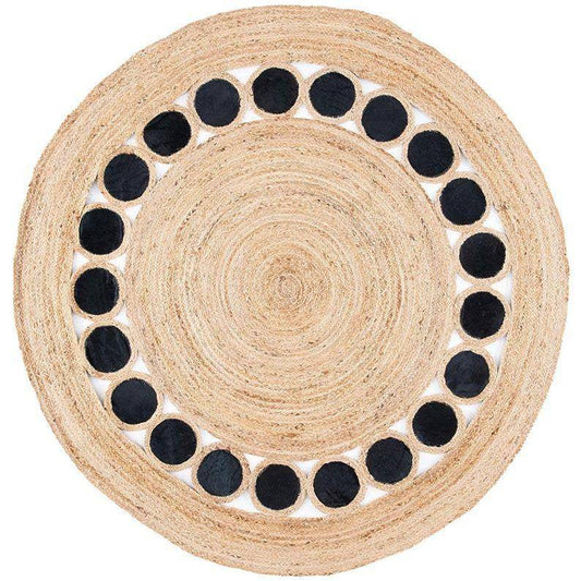 jute rug with contrasting denim fabric and metallic cutting strips