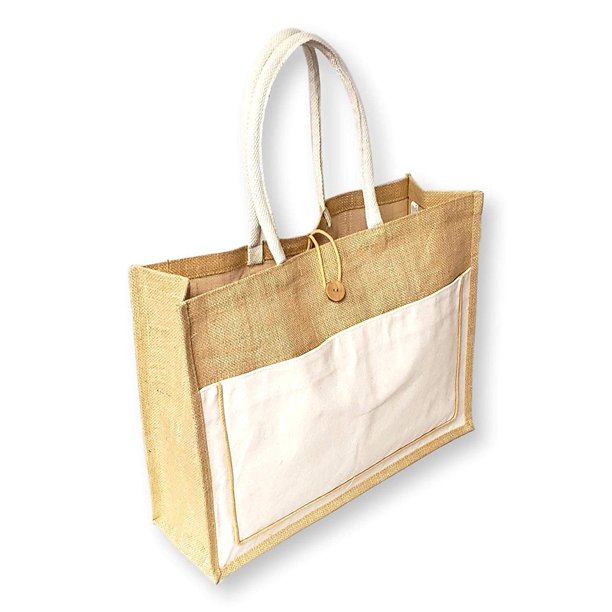 Handmakers Jute Bag with Canvas Pocket & Wooden Button | Reusable Burlap Tote for Grocery, Gifts & Beach | Eco-Friendly Shopping Bag for Women