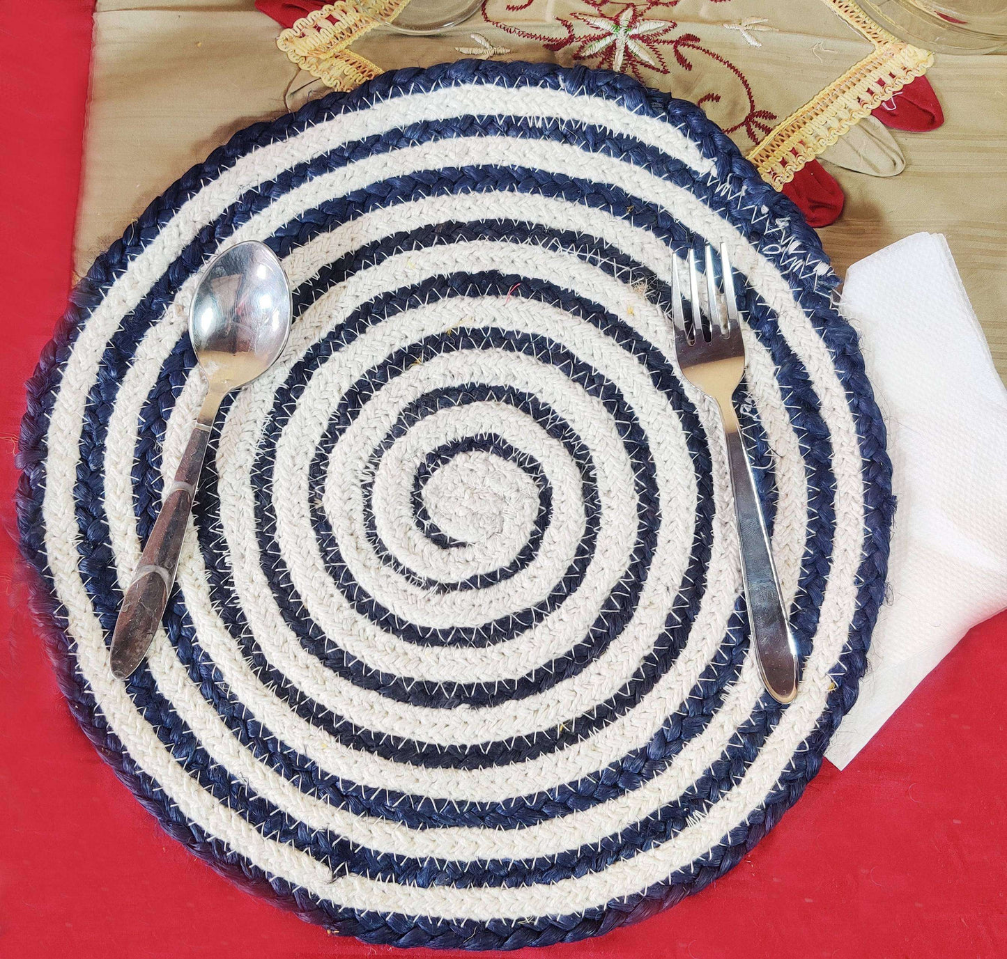 Jute Place Mats With White and Blue SET of 4 Pcs- 30 CM