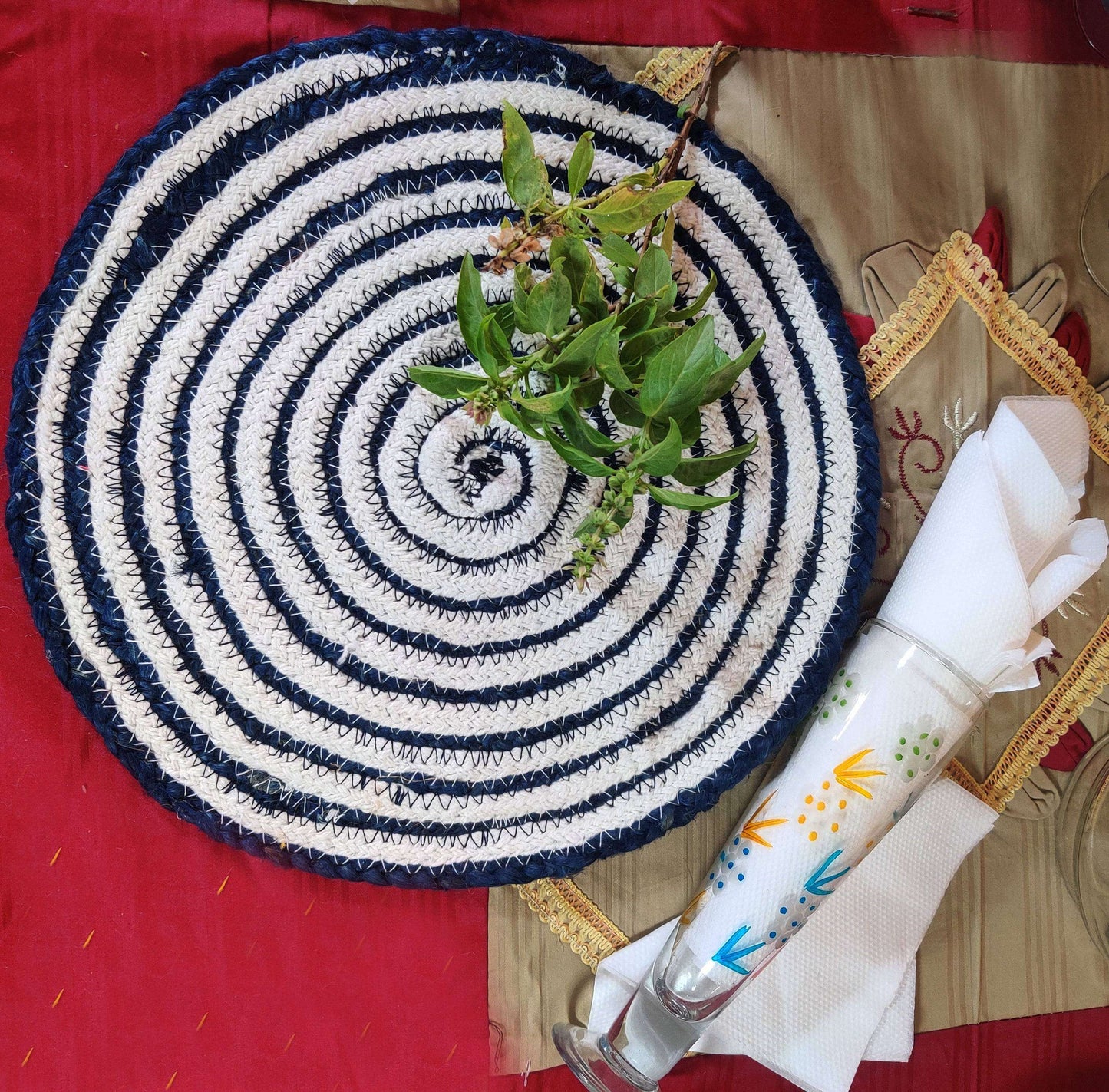Jute Place Mats With White and Blue SET of 4 Pcs- 30 CM