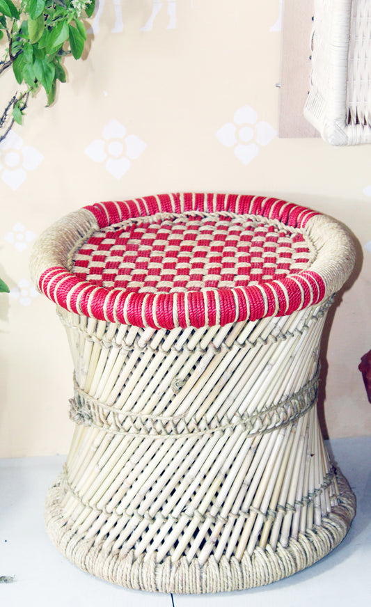 Red & Beige Bamboo Mudda Stool