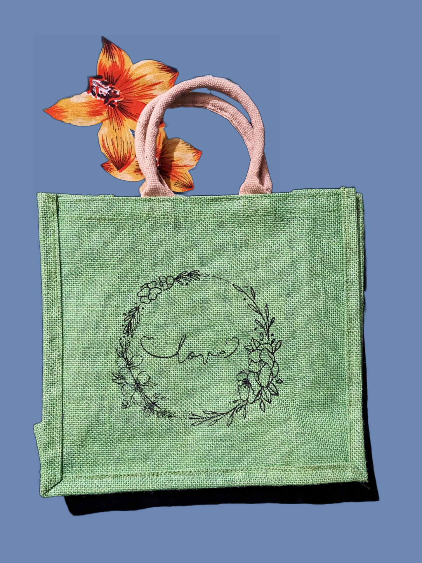 Handmakers Pack of 10 Multicolored Transparent Jute Bag with Love Printed ,Large Size Jute Gift bag for return gift 13x12x6 inch