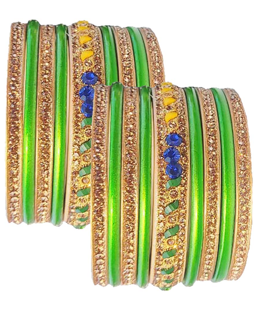 Enthic Traditional Rajasthani Bradal and Partywear Lac Bangles For Women in Green Color set of (7+7)