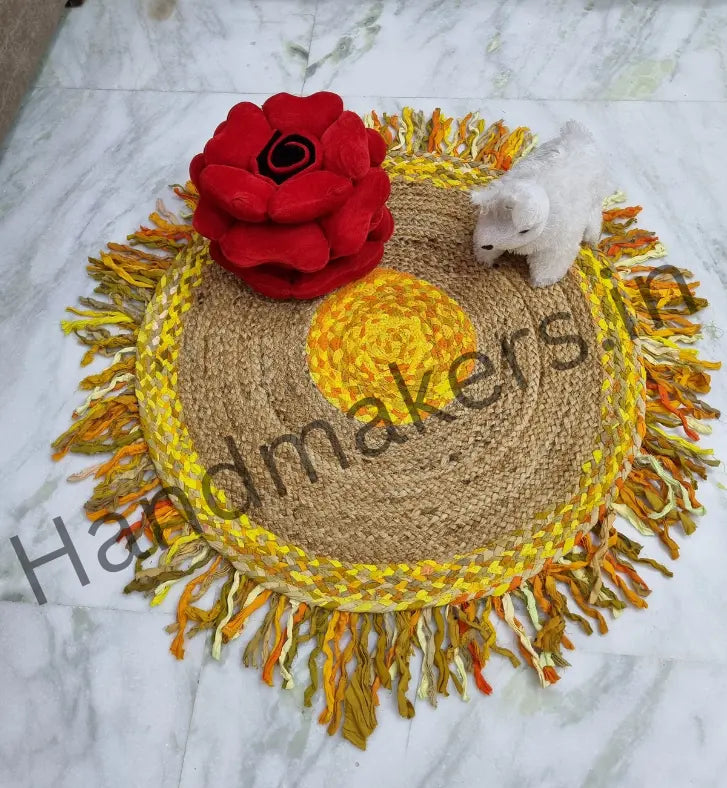 Natural Jute Indoor Area Rug With Beige & Yellow Strips - 90 CM