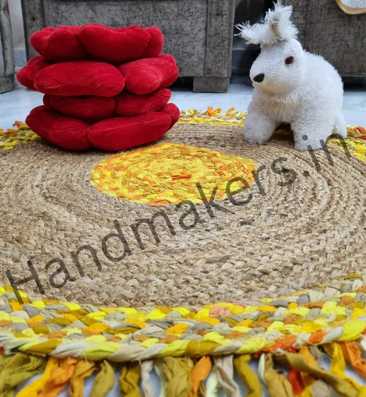 Natural Jute Indoor Area Rug With Beige & Yellow Strips - 90 CM