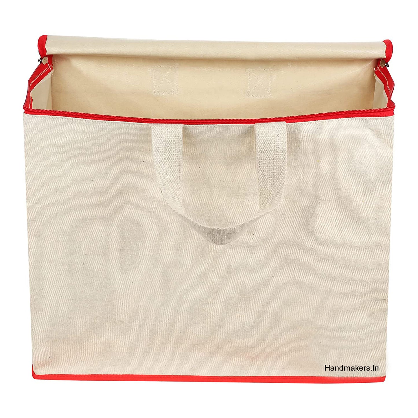 Handmakers Canvas Zip Storage Bags – Set of 2 | Multipurpose Cotton Organizer for Clothes, Grocery & Vegetable Shopping (Red Border)