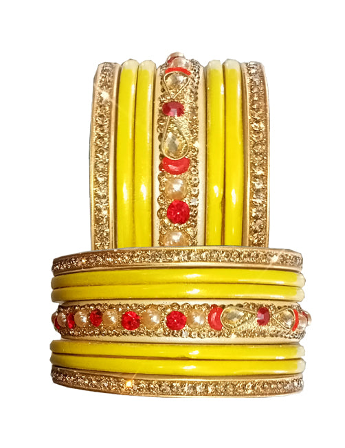 Enthic Traditional Rajasthani Bradal And Partywear Lac Bangles For Women in Yellow Color set of (7+7)