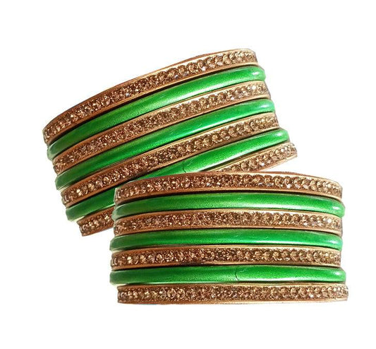 Handmakers ! Green With Golden Lac Traditional Bangles for Women And Girls (Pack of 8)