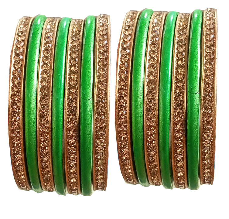 Handmakers ! Green With Golden Lac Traditional Bangles for Women And Girls (Pack of 8)