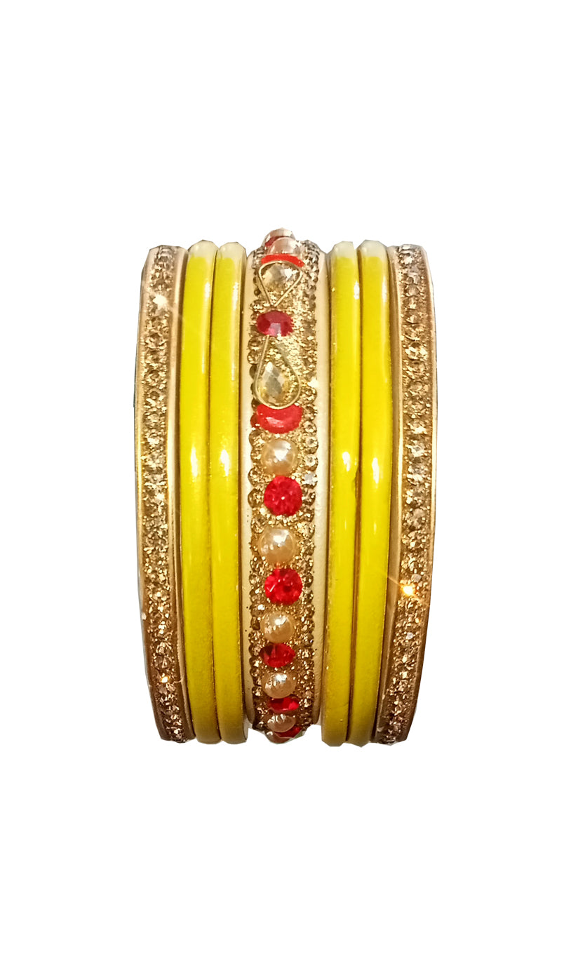 Enthic Traditional Rajasthani Bradal And Partywear Lac Bangles For Women in Yellow Color set of (7+7)