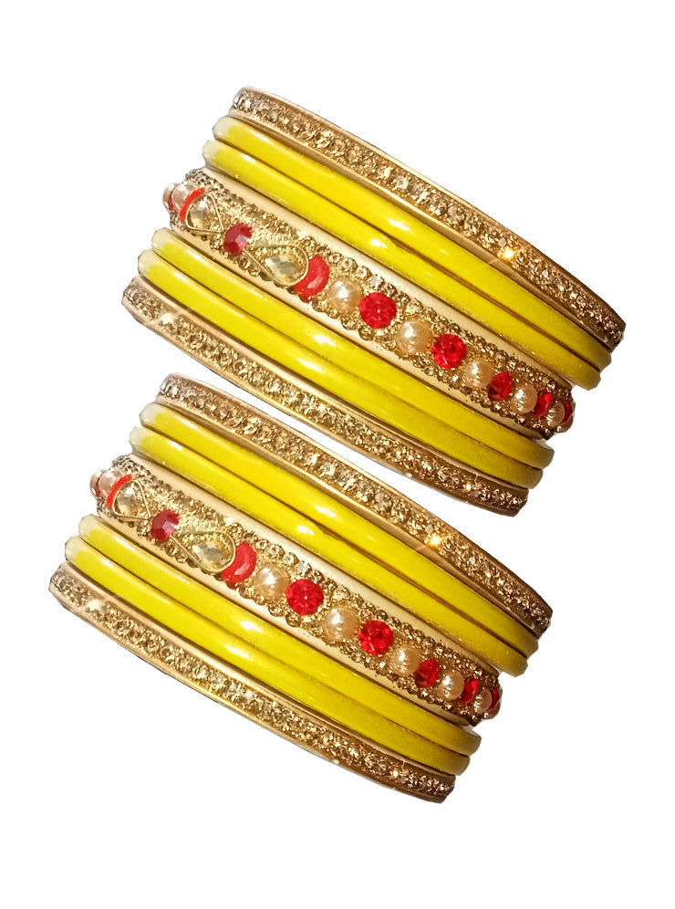 Enthic Traditional Rajasthani Bradal And Partywear Lac Bangles For Women in Yellow Color set of (7+7)