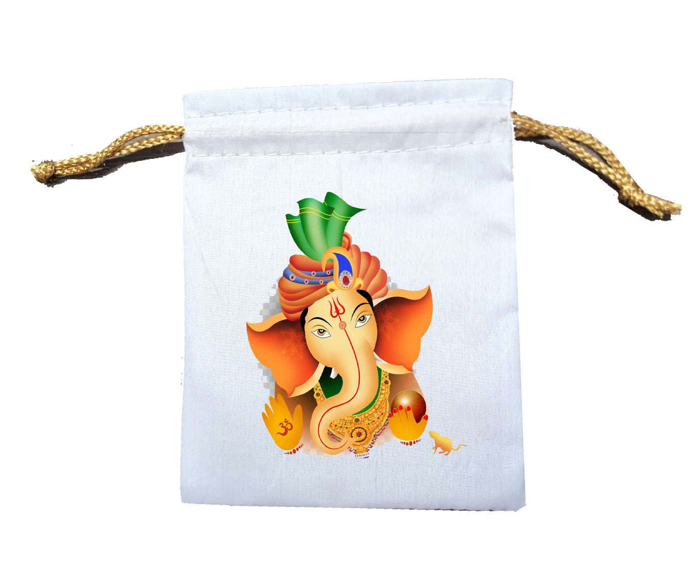 Handmakers Multicolor Ganesh Print Cotton White Potli Bags 5X7inch Pack of 10