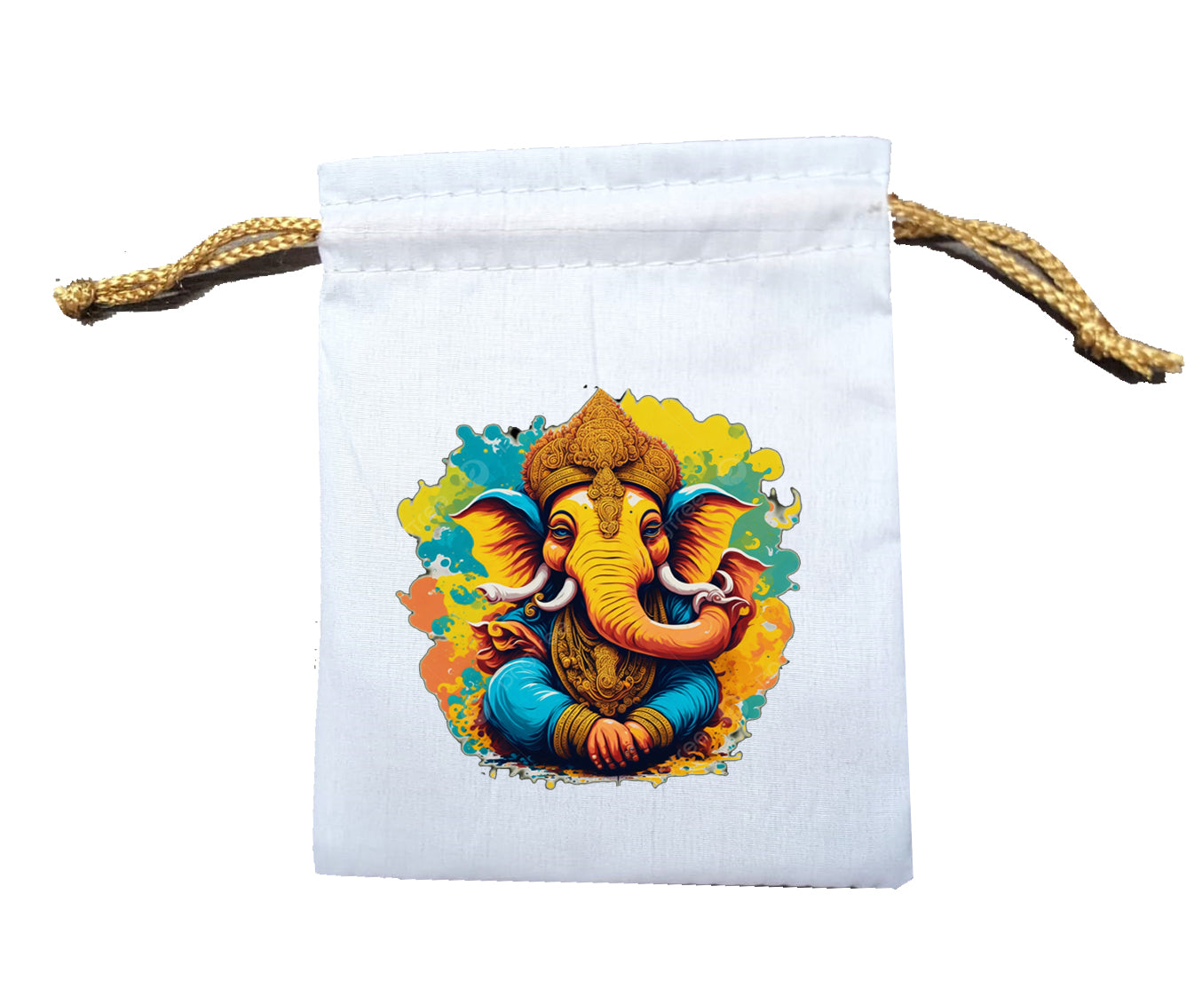 Handmakers Multicolor Ganesh Print Cotton White Potli Bags 5X7inch Pack of 10