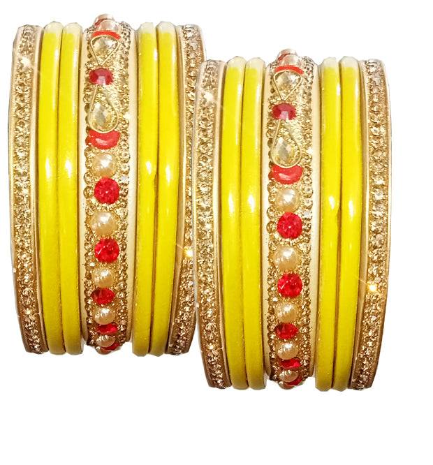 Enthic Traditional Rajasthani Bradal And Partywear Lac Bangles For Women in Yellow Color set of (7+7)
