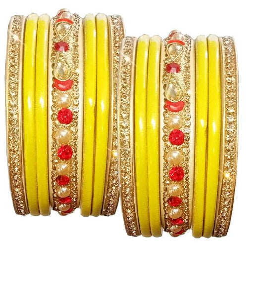 Enthic Traditional Rajasthani Bradal And Partywear Lac Bangles For Women in Yellow Color set of (7+7)