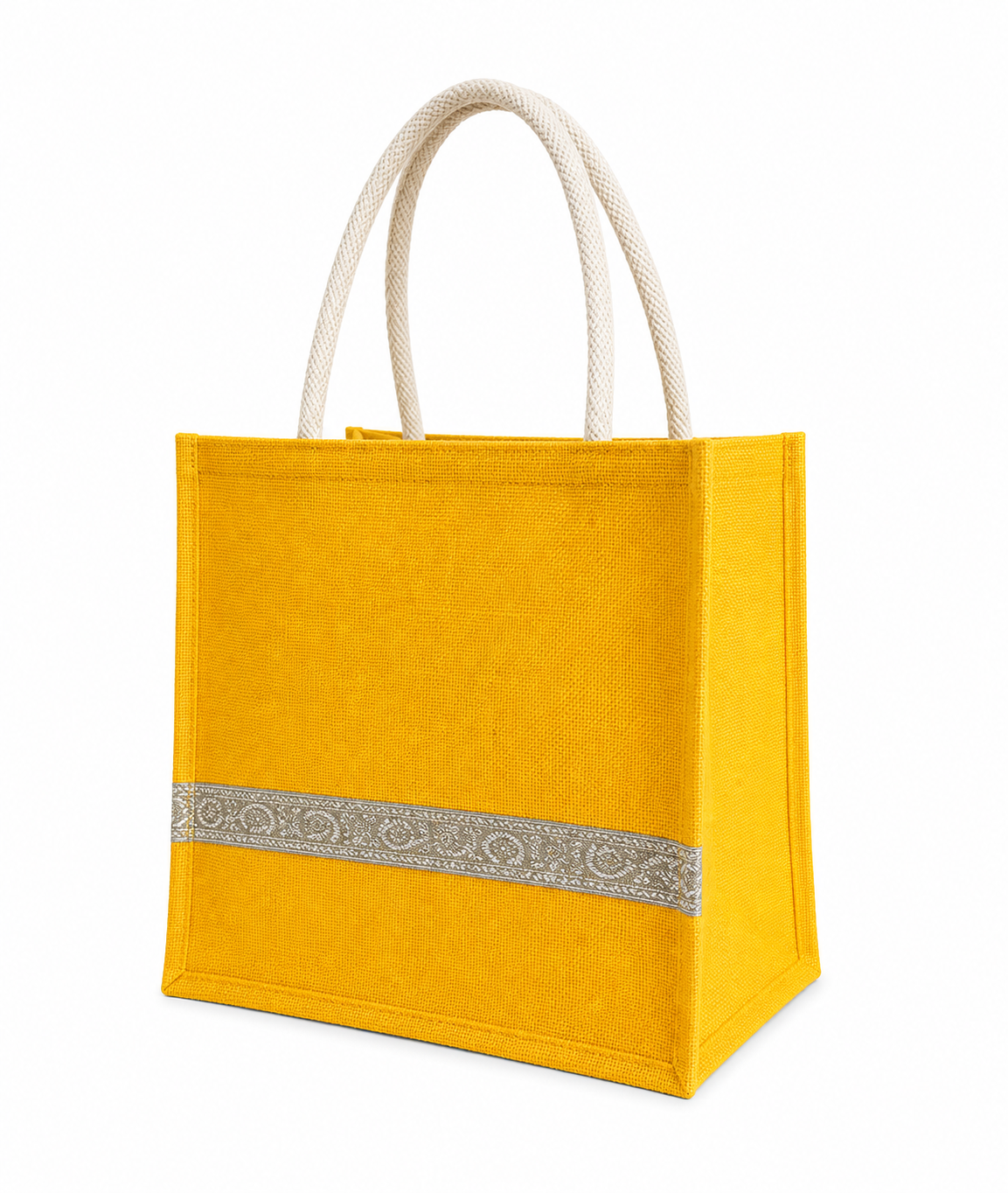 Handmakers Yellow Jute Gift Bags with Silver Lace – Eco-Friendly Reusable Tote for Return Gifts, Shopping & Daily Use – Pack of 10
