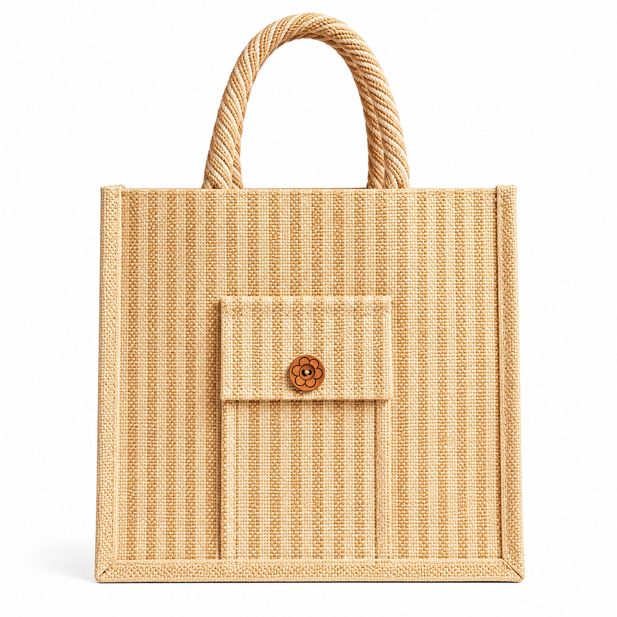 Natural Jute Tote Bag with Front Pocket & Wooden Button | Eco-Friendly Reusable Shopping & Gift Bag