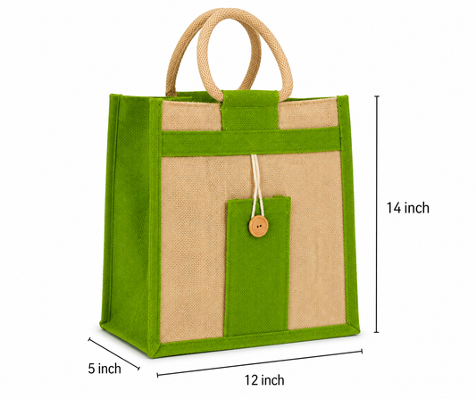 Natural Jute Cloth Handbag With Green and Beige ( Set of 2)