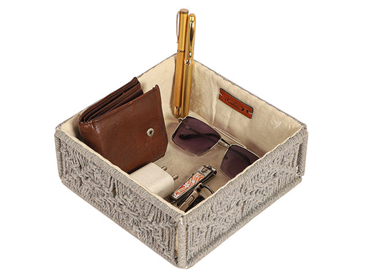 Handmakers Macramé Hamper Gift Basket – Grey | Handmade Cotton Rope Rectangular Tray Basket with Side Handles (10 x 14.5 x 4.3 Inch) | Storage Organizer for Shelf, Fruits, Gifting & Home Décor
