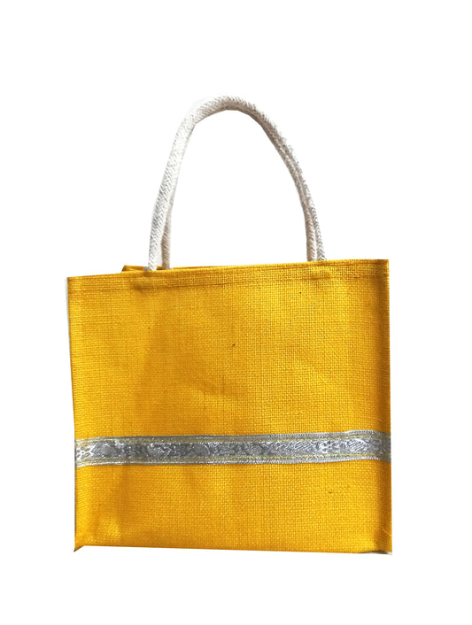 Handmakers Yellow Jute Gift Bags with Silver Lace – Eco-Friendly Reusable Tote for Return Gifts, Shopping & Daily Use – Pack of 10