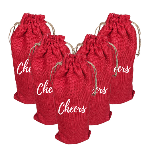 Handmakers Natural Red Jute Wine Bottle Bags with Cheers Print Wine Bags Pack of 5
