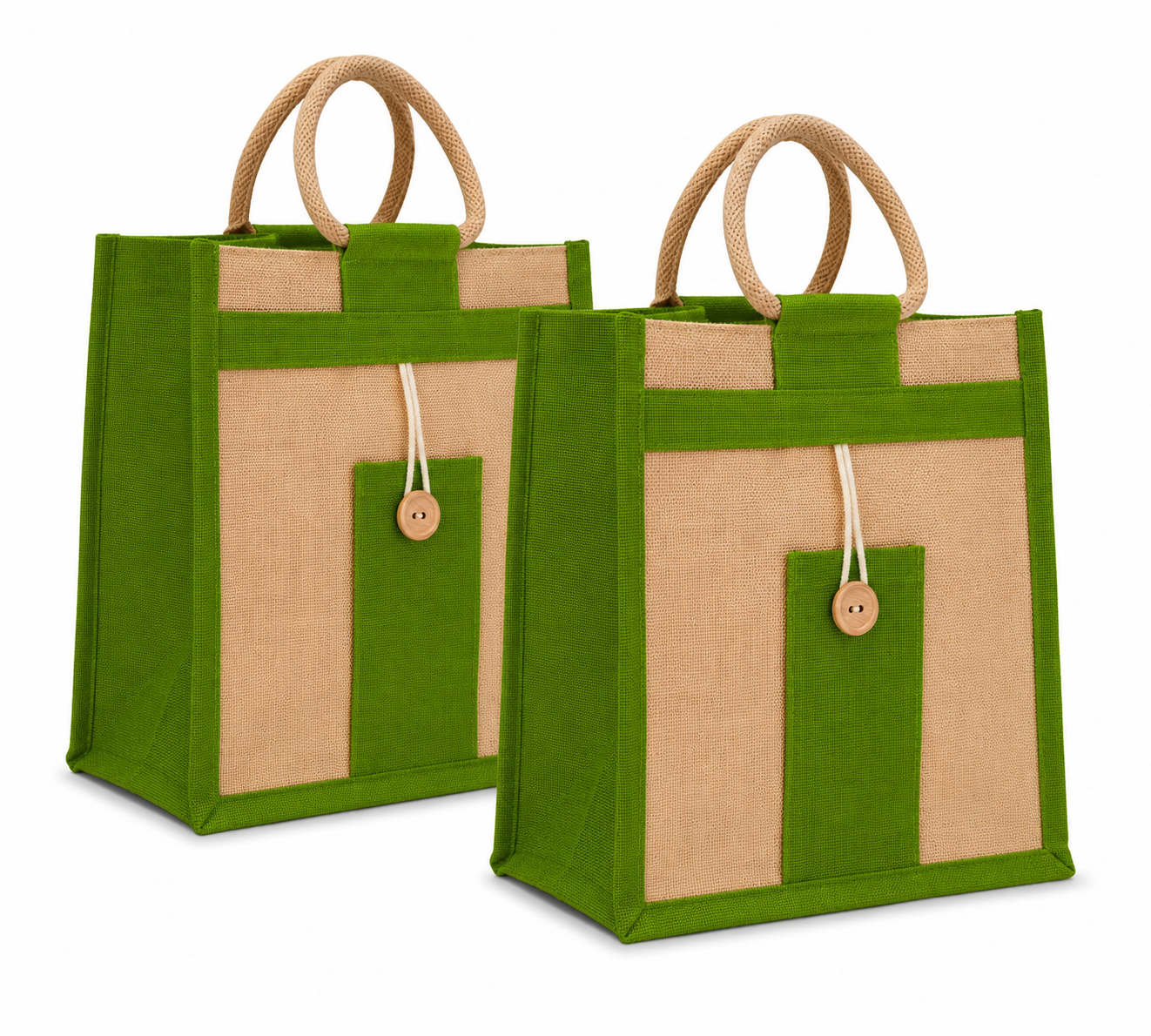Natural Jute Cloth Handbag With Green and Beige ( Set of 2)